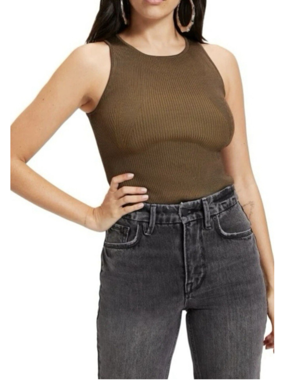 Good American Women’s Rib Knit Thong Bodysuit in Fog Greenish Brown Size M (2)
